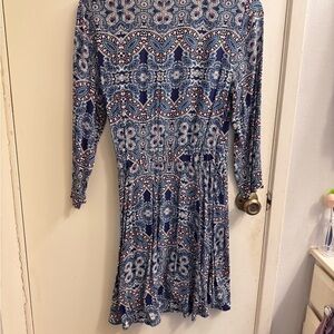 Express Blue and White Paisley Long-Sleeve Dress